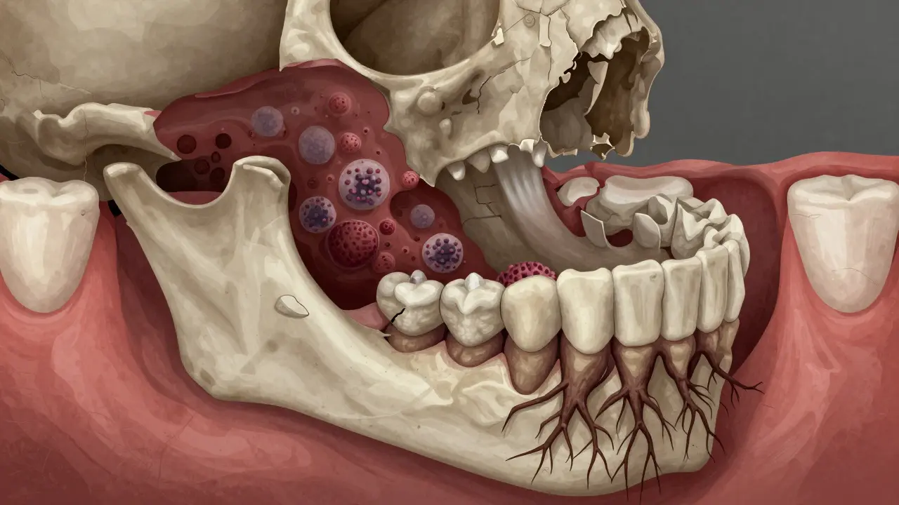 Postupné rozpadání kosti kolem zubních kořenů s bakteriálními koloniemi.