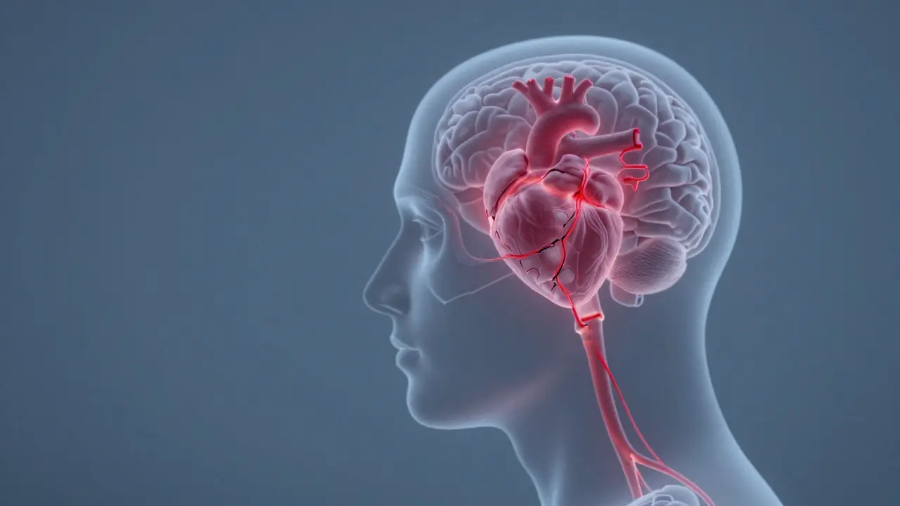 Přehled čelisti s propojením trhliny v zubu k srdci, mozku a krku.