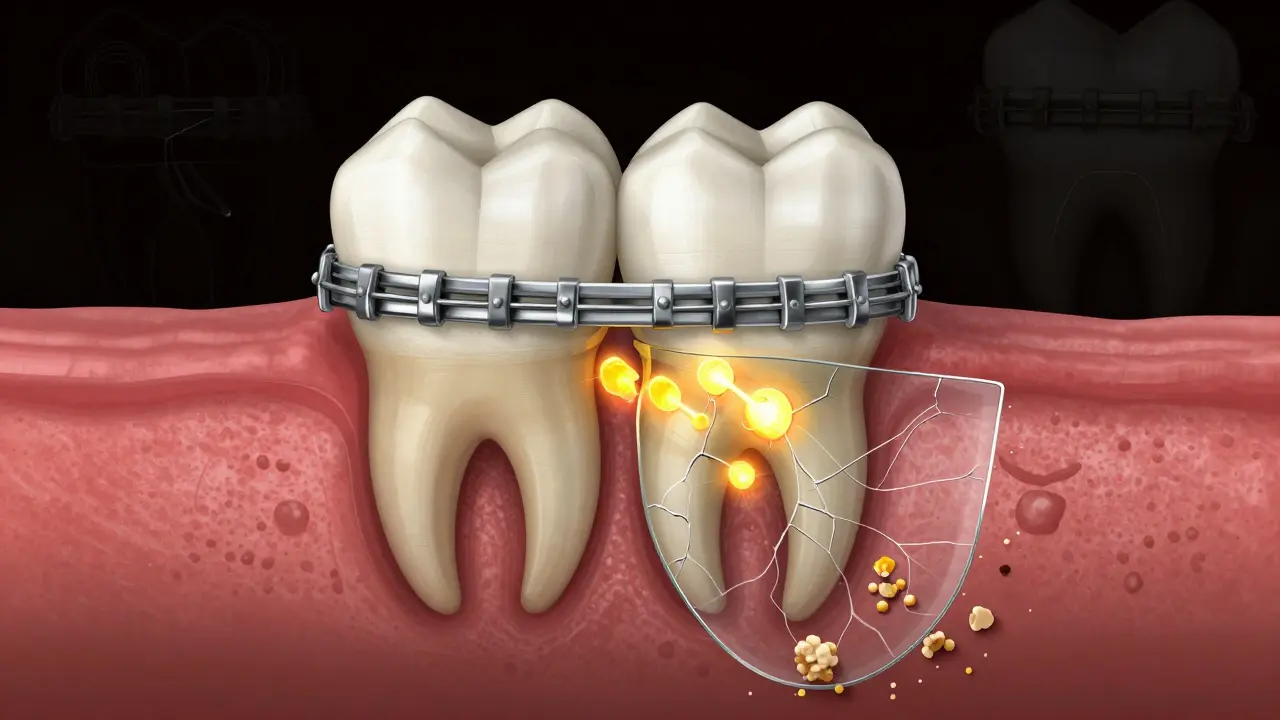 Příčný řez zubu s kazem pod ortodontickým zámkem a bakteriemi v kyselém prostředí.