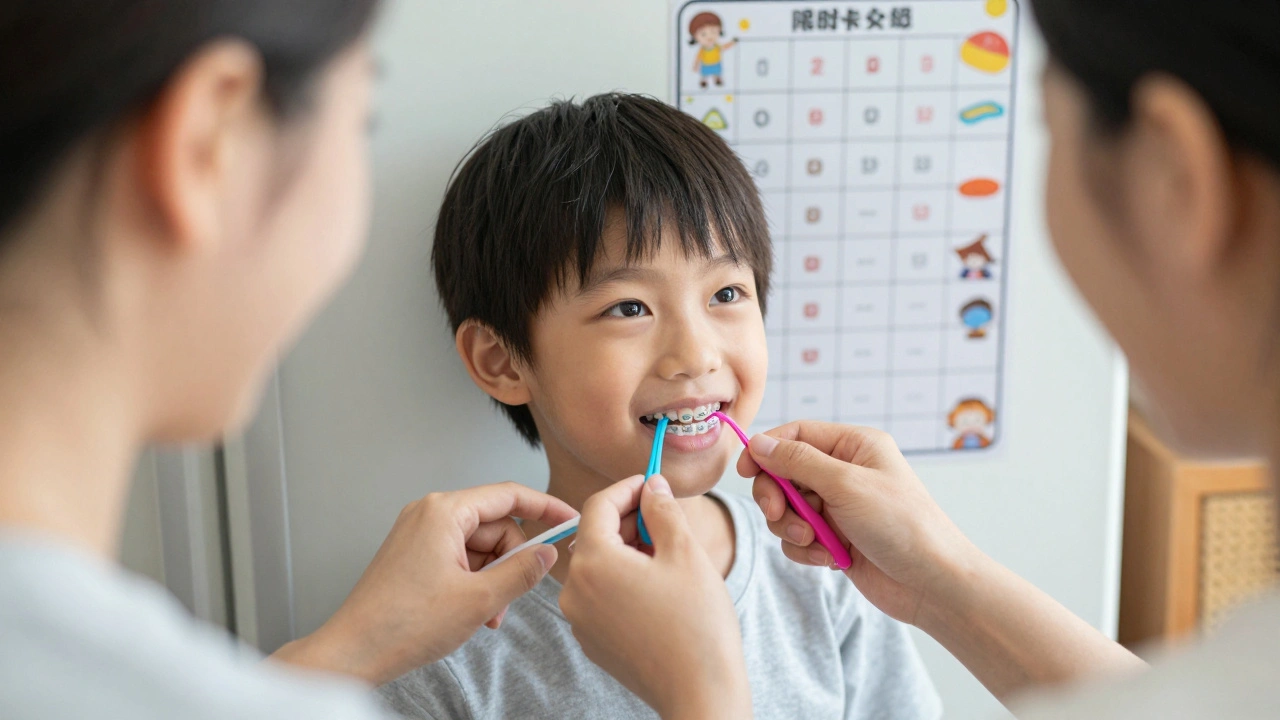 Rodič pomáhá dítěti vložit barevné gumičky u ledničky s tabulkou odměn.