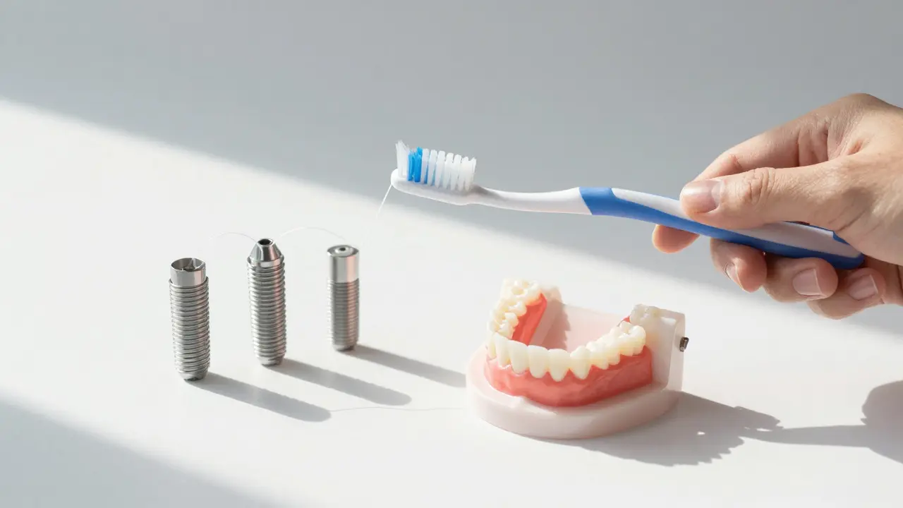 Ruka drží kartáček a nitě vedle zubních implantátů a protézy, symbolizující denní péči.