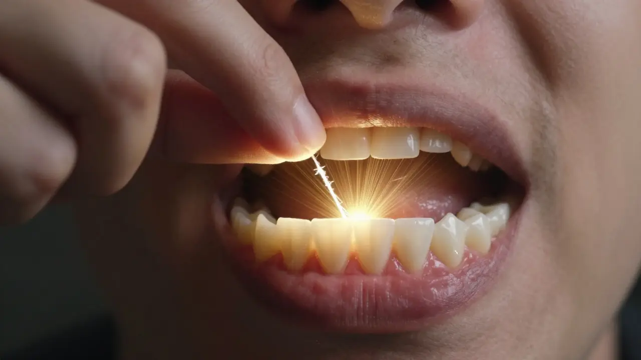 Ruka s mezizubní nití, která zastavuje kaz a obnovuje zdraví úst.