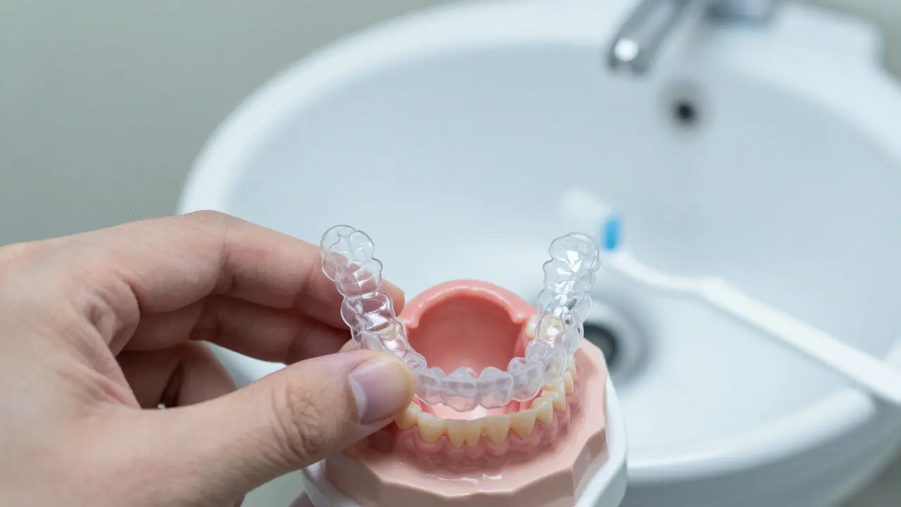 Rukou se odebírají průhledné rovnátka, na nichž je vidět stopy kazového poškození.