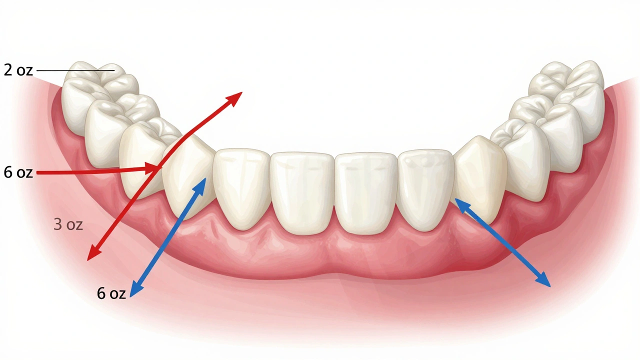 Schematický nákres gumiček na rovnátka v akci pro opravu příkryvu zubů.