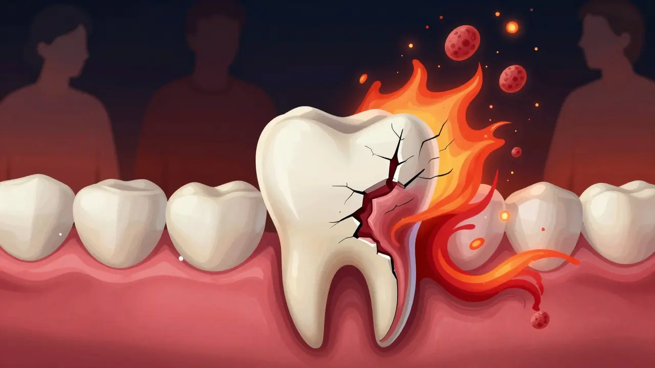 Symbolická ilustrace rozštěpeného zubu s příznaky infekce šířící se do kořene.