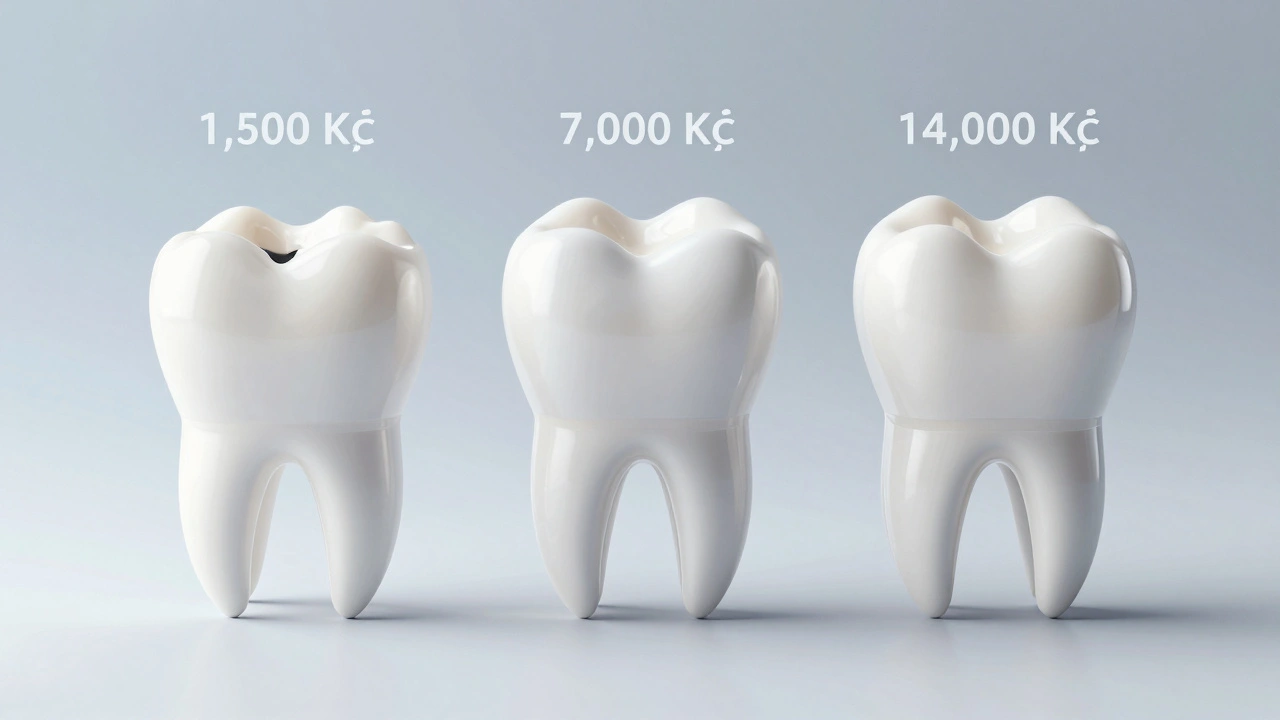 Tři typy oprav předního zubu: výplň, inlay a korunka.