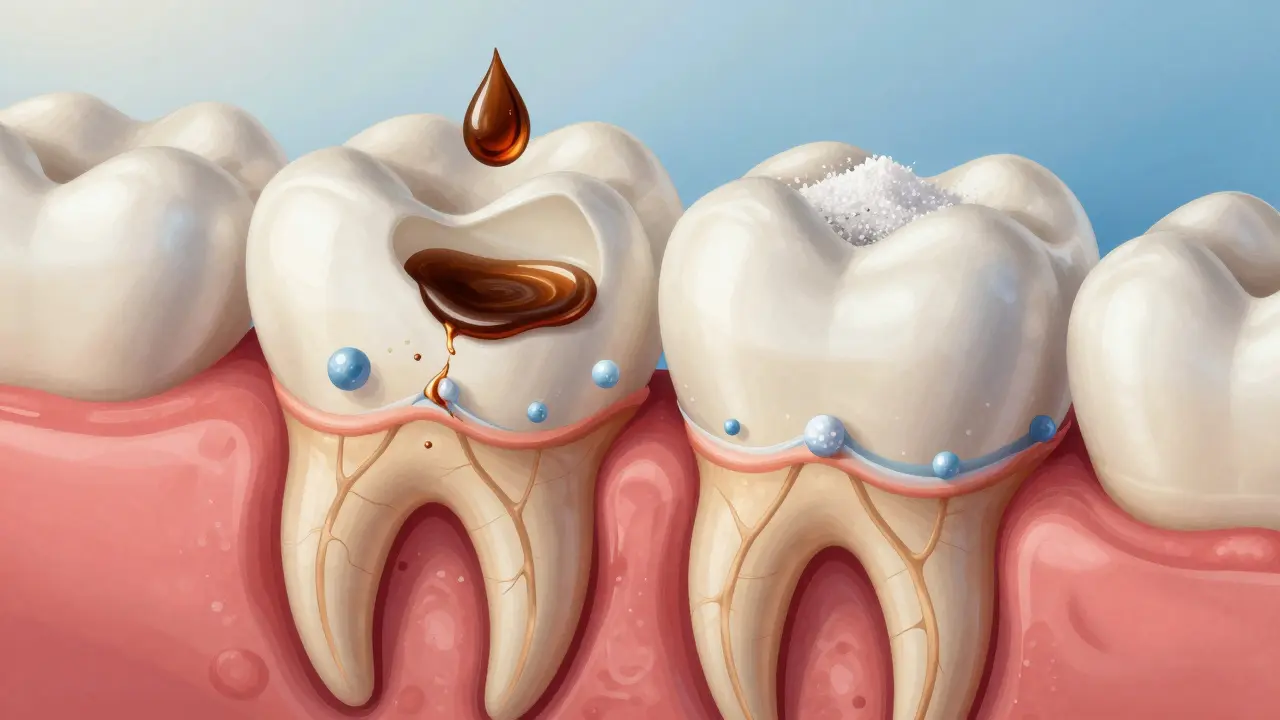 Vnitřní struktura zubu s odhaleným dentinem a ochrannými látkami.