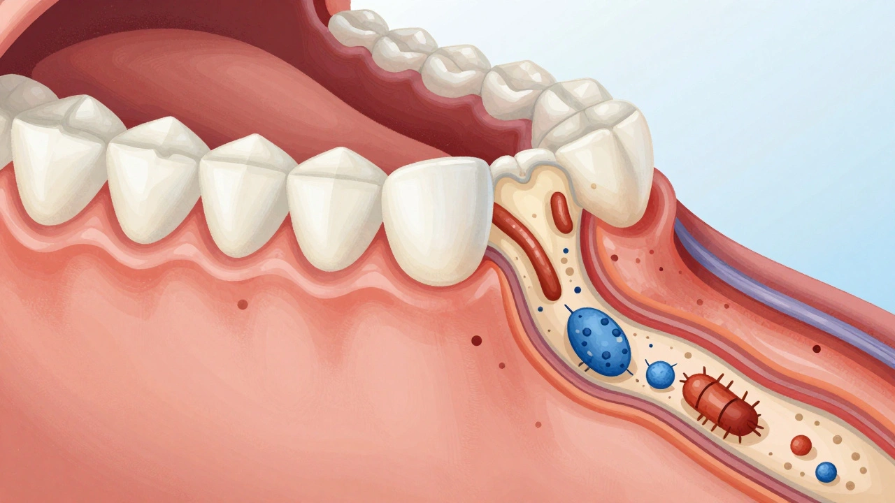 Vnitřní vyobrazení hojení dásně po kyretáži s krevní sraženinou a novou tkání.