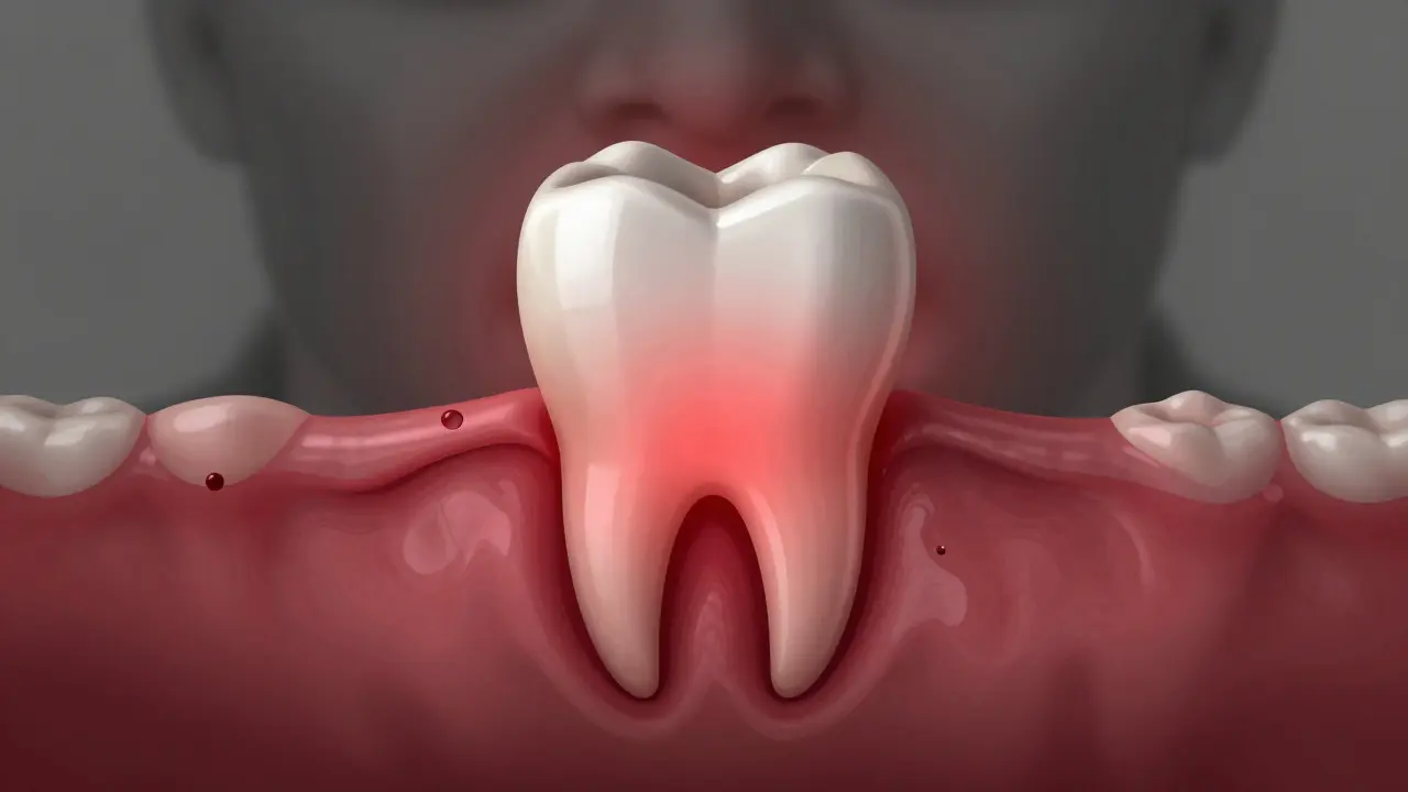 Zánět předního zubu s oteklou dásní a hnisovou bublinkou, symbolizující infekci v kořeni.