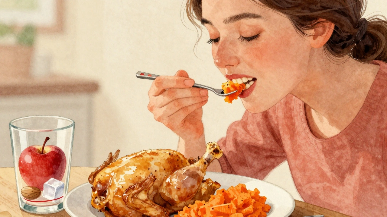 Žena jí měkké kuře a rozmačkanou mrkev, vyhýbá se předním zubům.