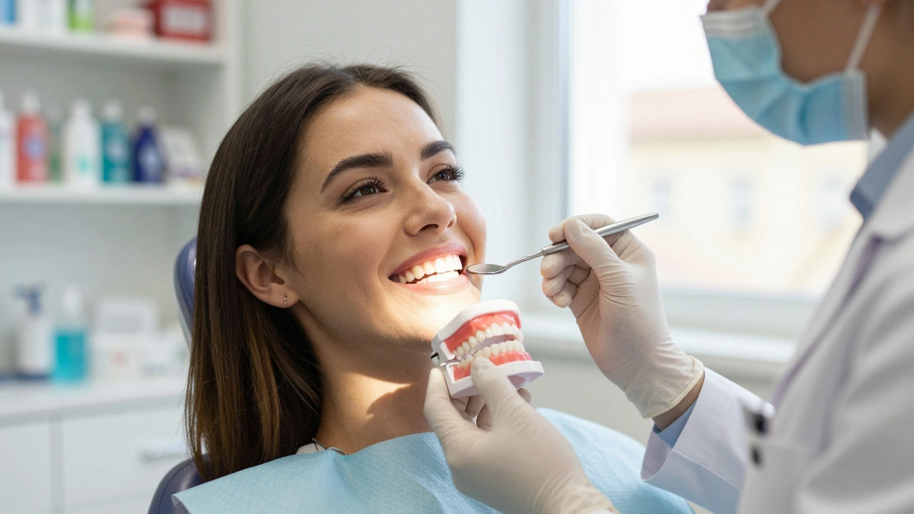 Žena na návštěvě zubního lékaře v Praze s profesionální formou pro bělení.