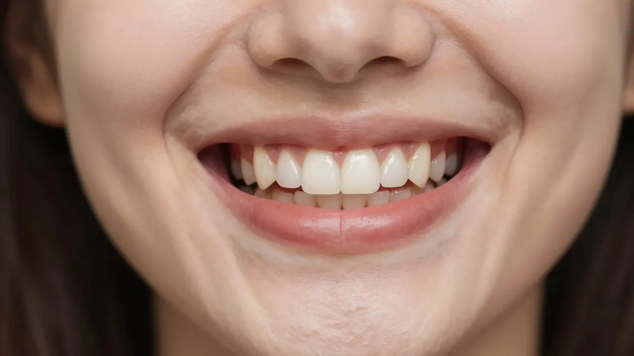 Žena se směje, s přirozeně vypadající úplnou protézou, která se sloučí s dásněmi.