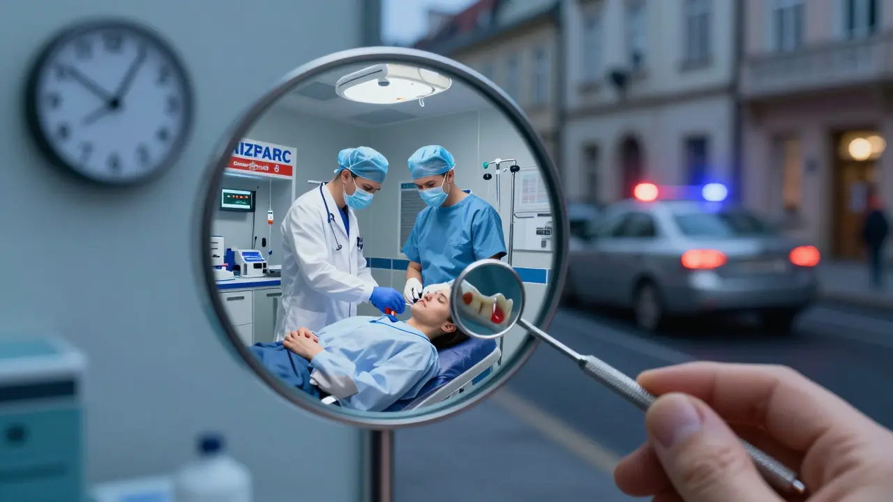 Zrcátko od zubního lékaře odráží záchrannou stanici, autem se řídí noční Prahou.