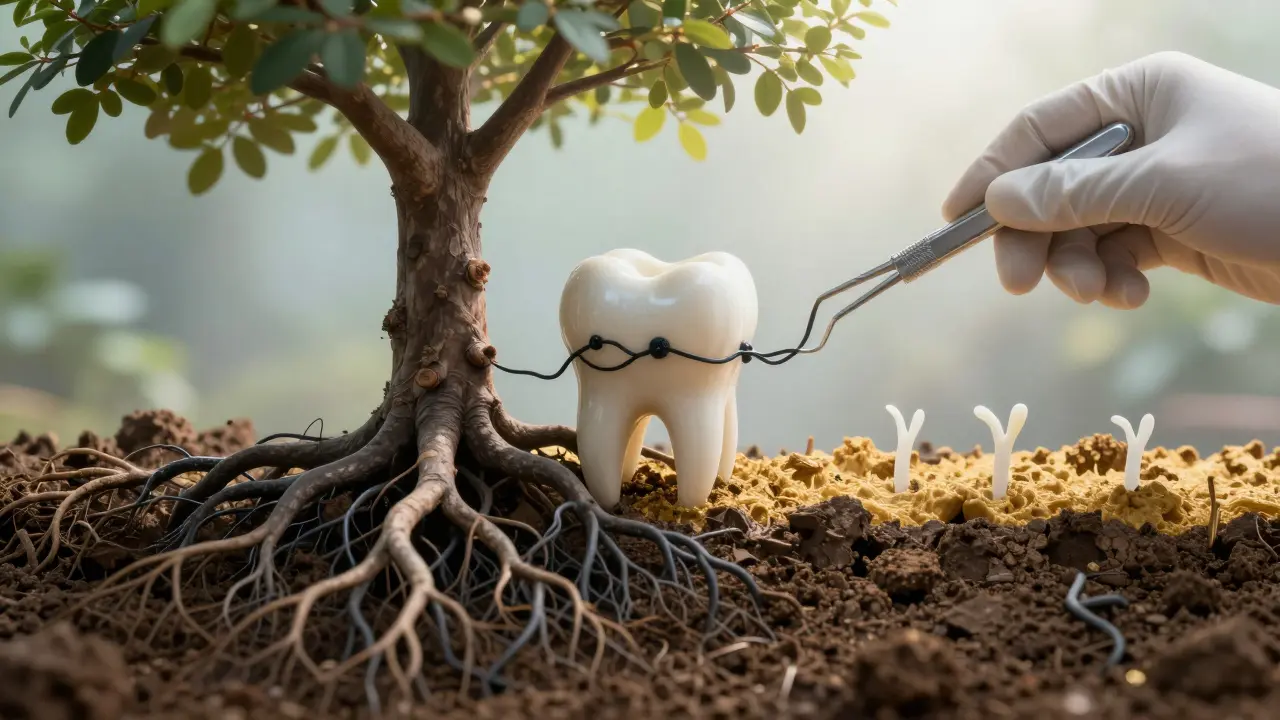 Zub jako strom s kořeny v ničené půdě, kde je kámen odstraněn a kořeny se obnovují.