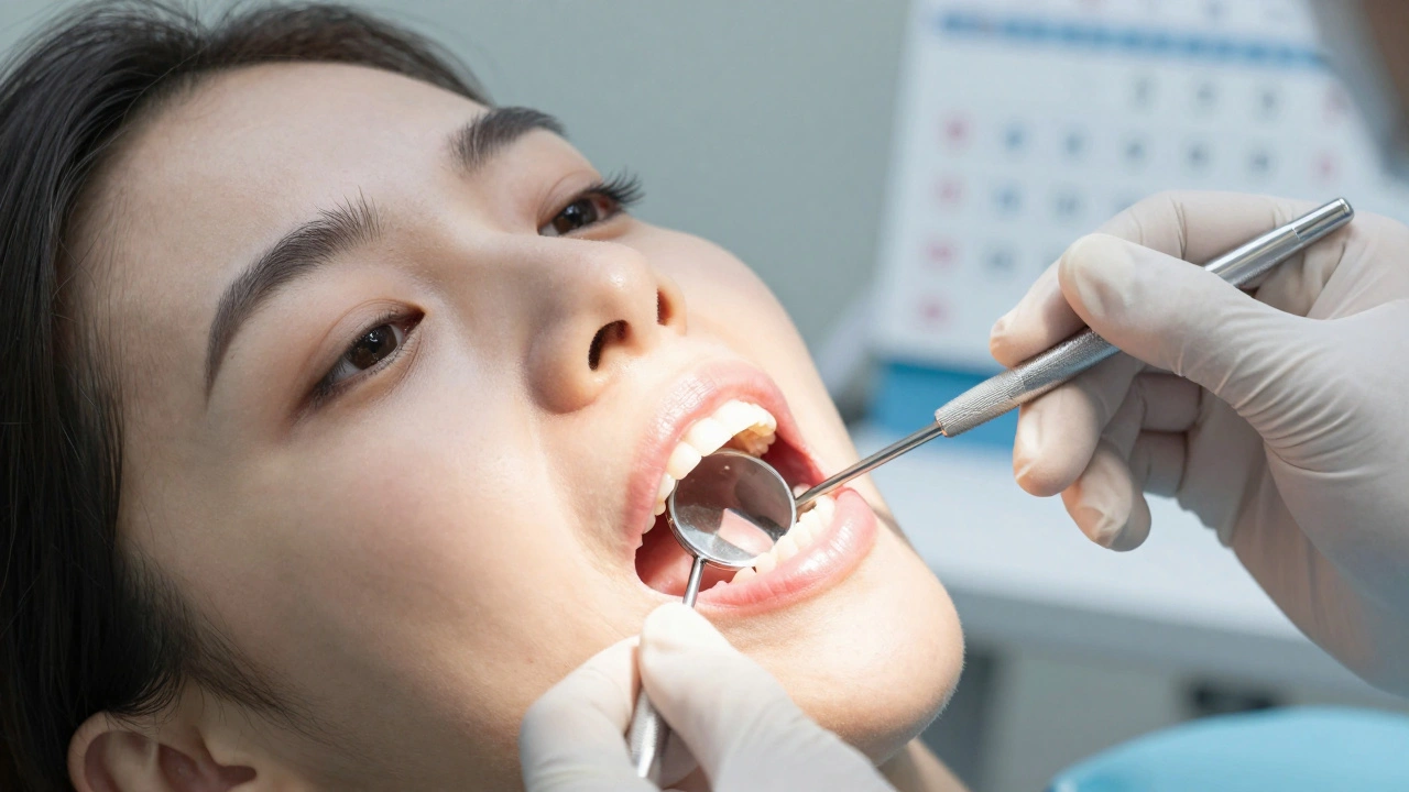 Zubař kontroly hojení dásní čtyři týdny po kyretáži.