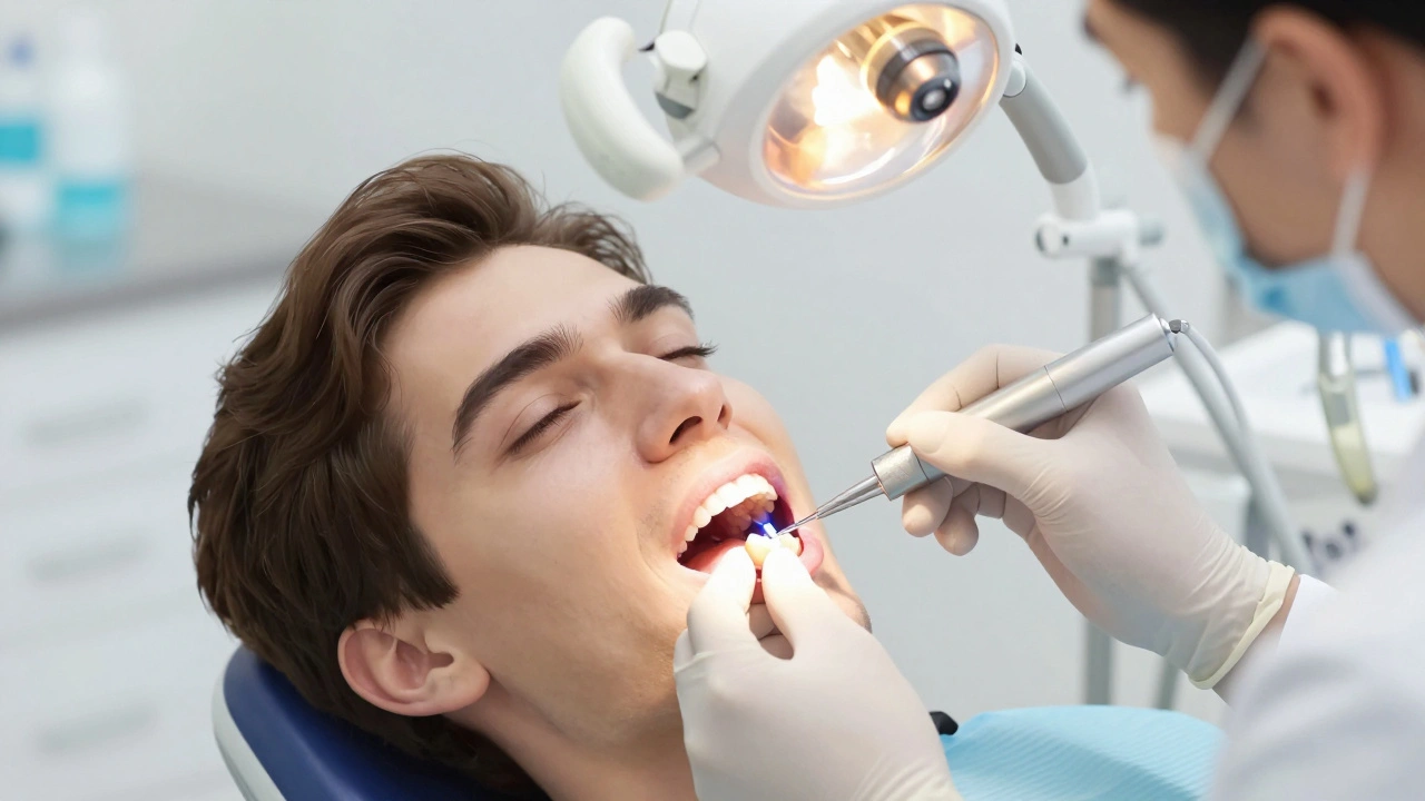 Zubař opravuje ulomený přední zub kompozitní výplní.