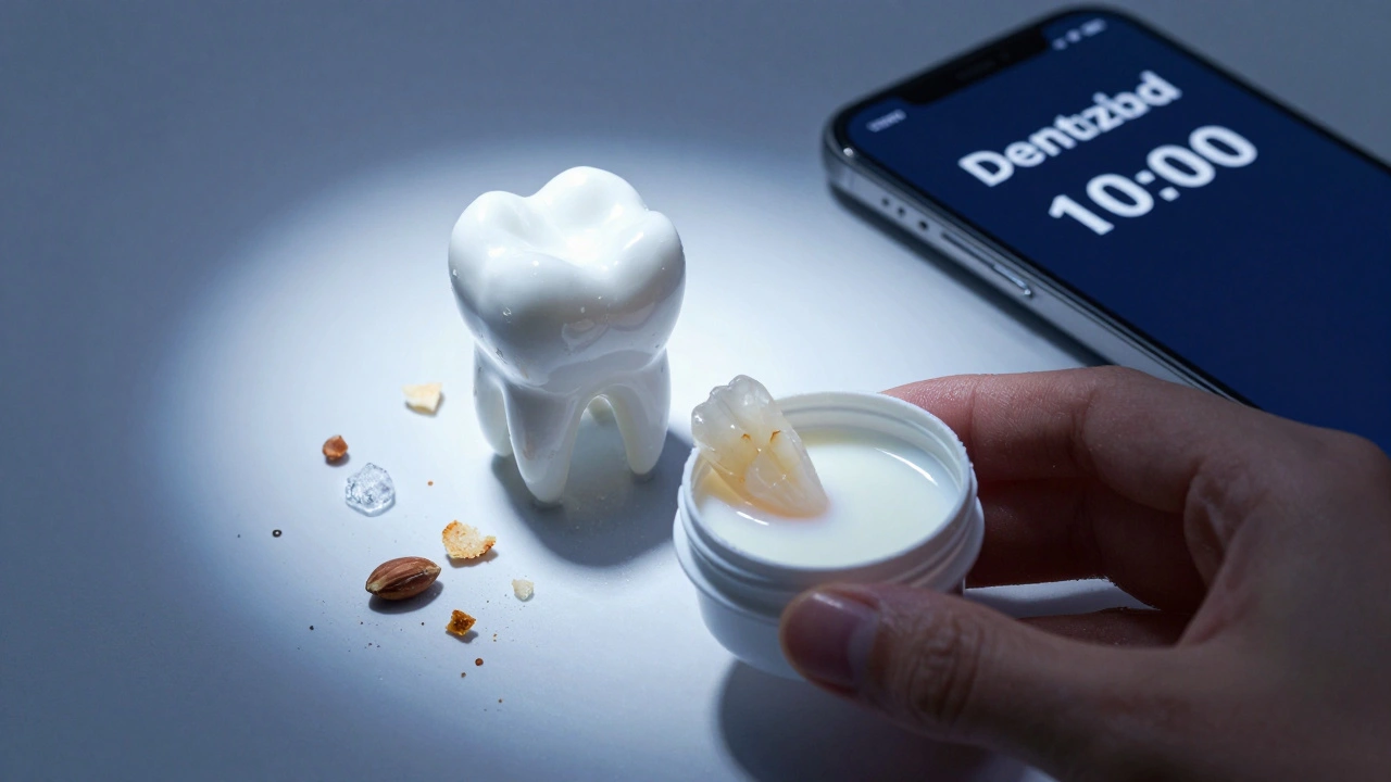 Zubní fazeta se odtrhla, je uložena v mléce, vedle ní tvrdé potraviny.