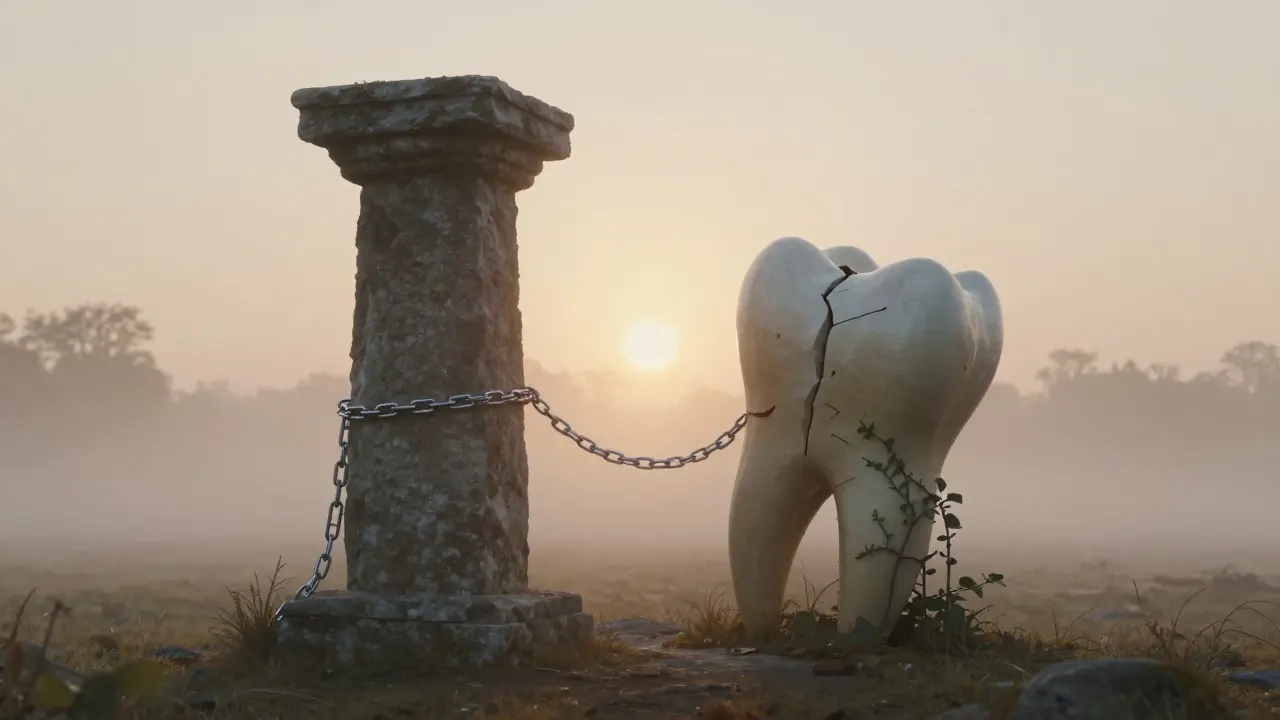 Zuby jako kamenité sloupy, jeden udržován kovovým řetězem, druhý se sklonuje.