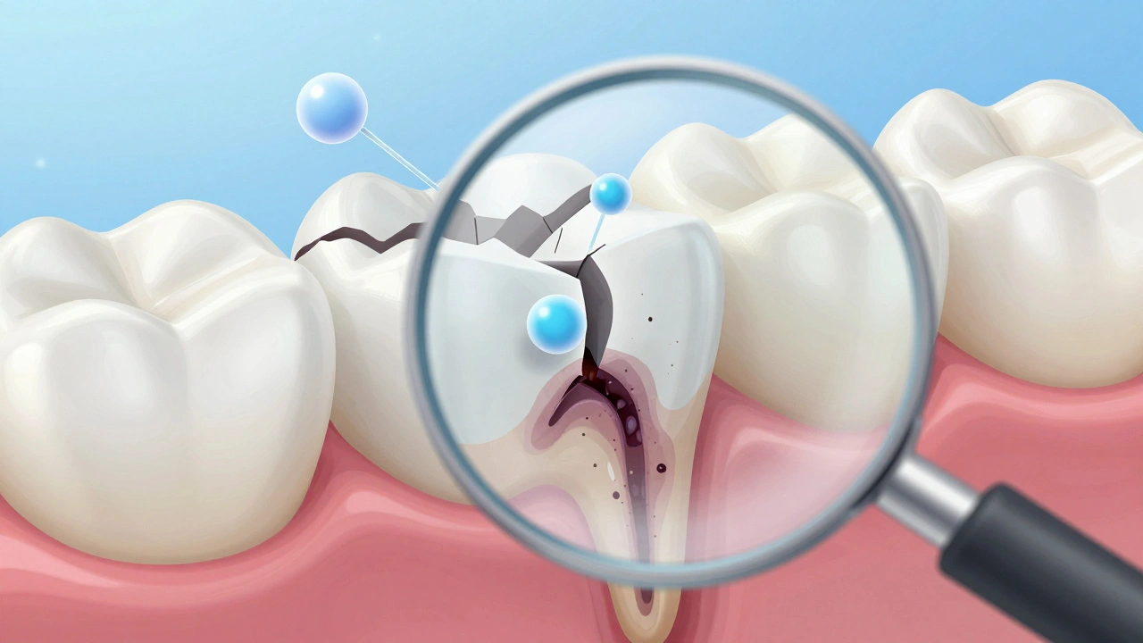 Zvětšený pohled na poškozenou sklovinku zubu s pronikajícími molekulami peroxidu.