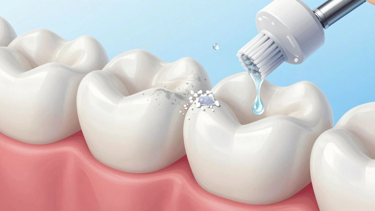 Zvětšený pohled na zubní email s poškozením a obnovou.