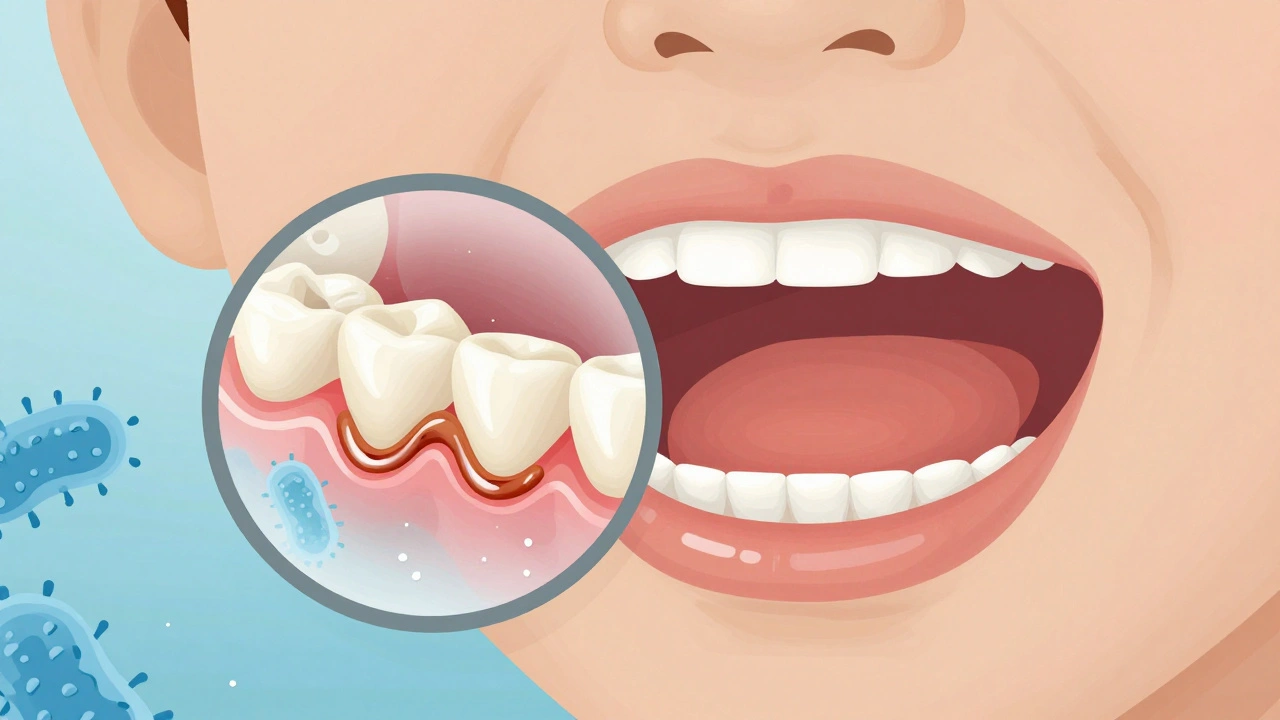 Zvětšený pohled na zubní plak a kámen na spodních řezákcích.