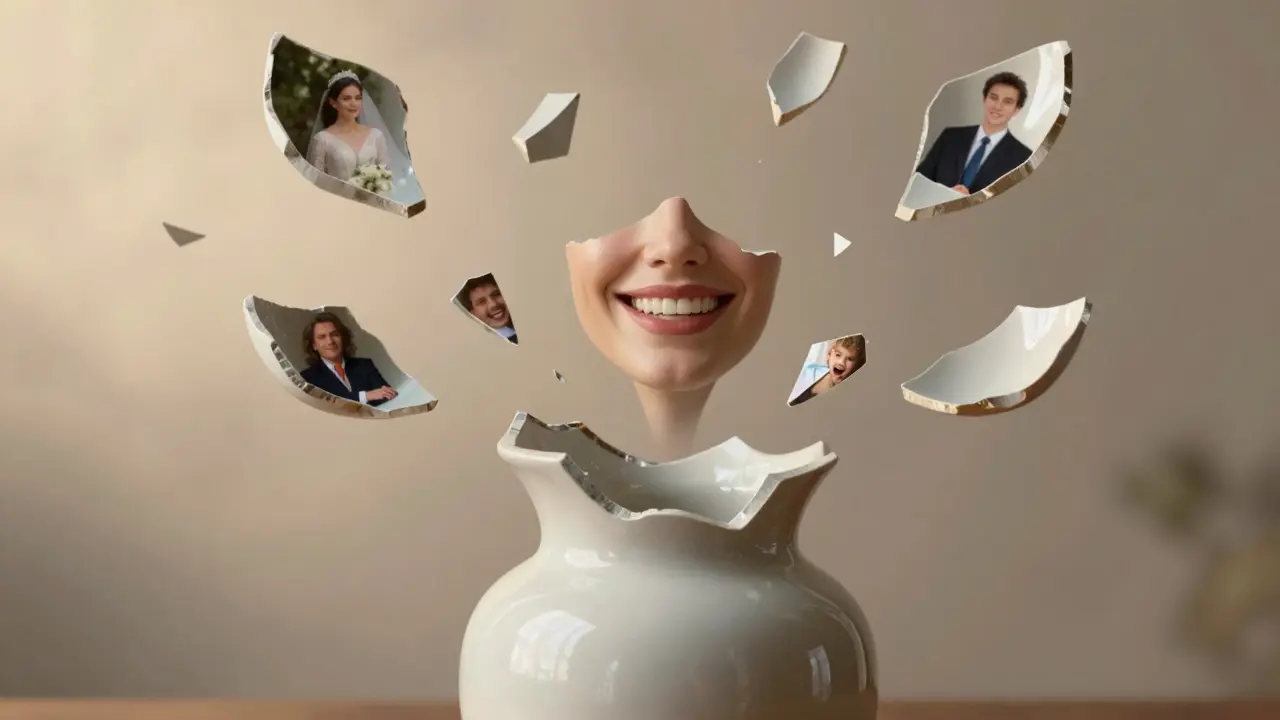 A smile emerging from broken ceramic pieces, symbolizing transformation and confidence.