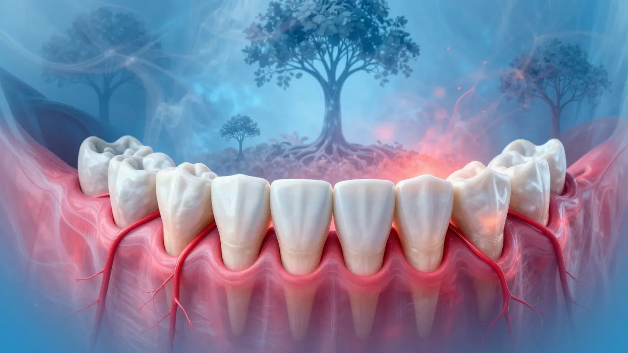 Abstraktní znázornění výrůstu zoubku skrze dásně