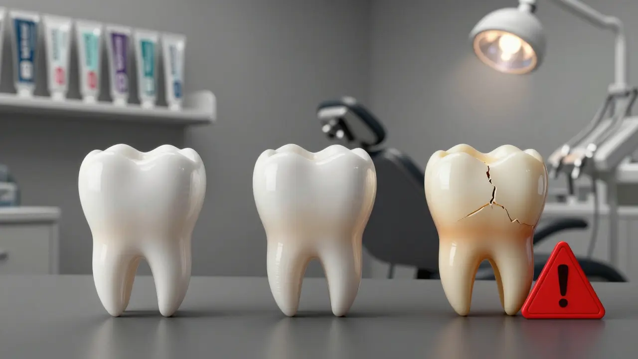 Časová osa ukazující postupné poškození zubní emalí a alternativní řešení.