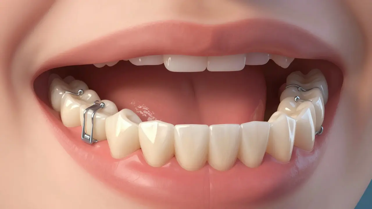 Částečná zubní protéza s kovovými háčky připevněná k přirozeným zubům.