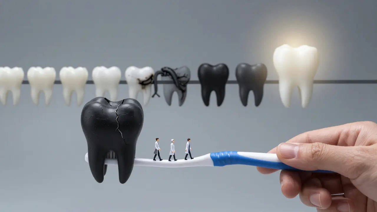 Černý zub s bakteriemi a přechodem k bílé korunky.