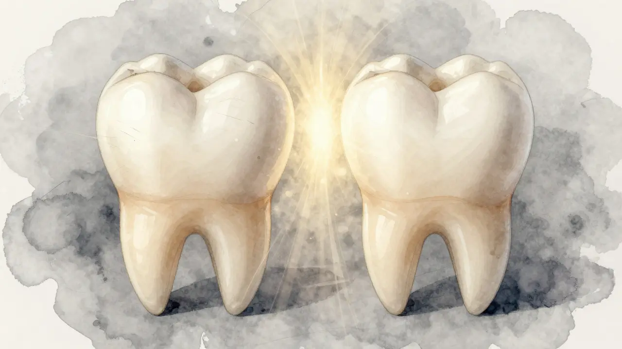 Dva zuby vedle sebe: jeden s nerovnostmi, druhý hladký a dokonalý.