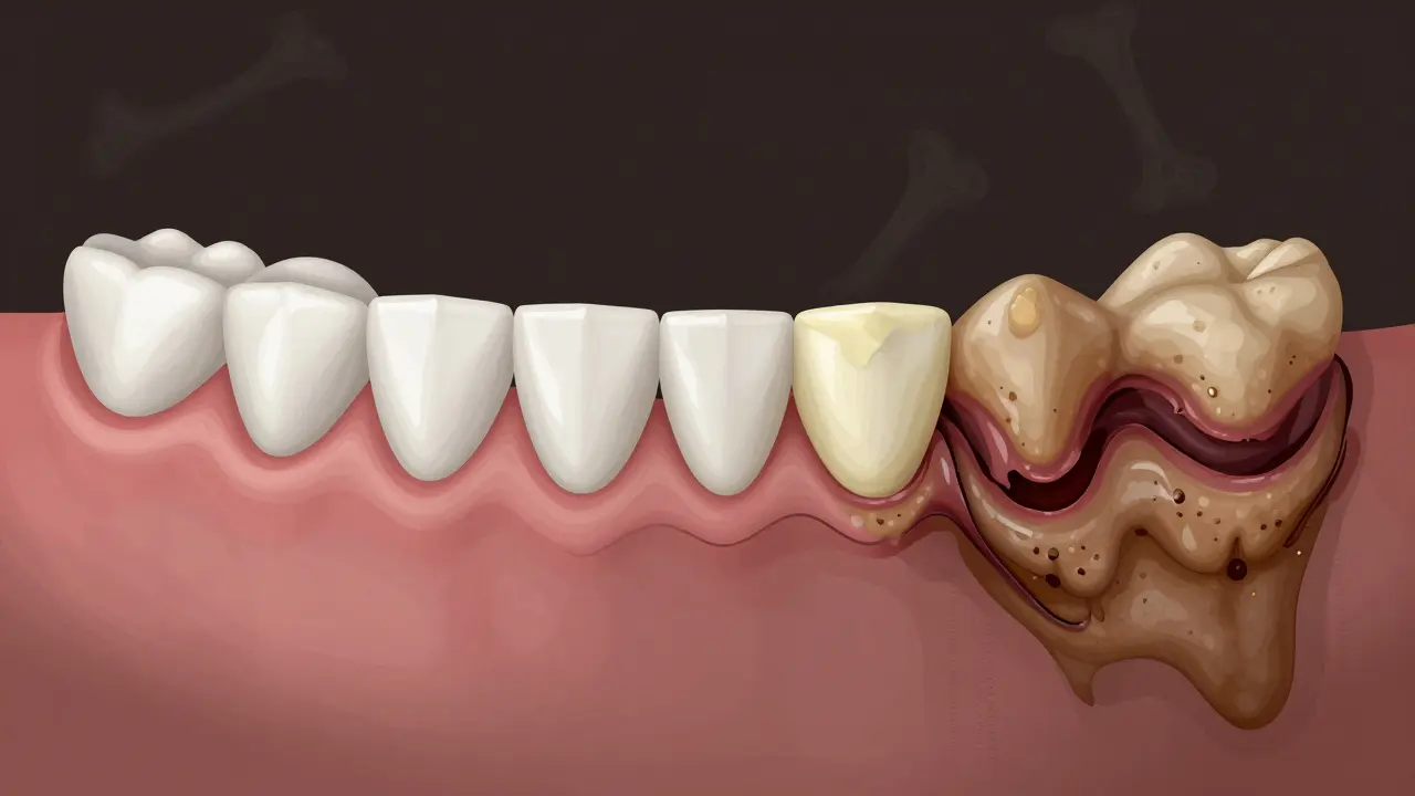 Ilustrace postupného vývoje zubního kamene od plaku až po zánět dásní a skrytou škodu.