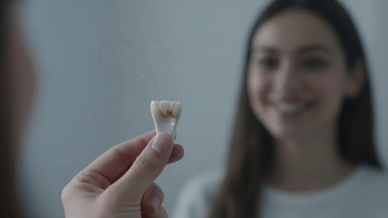 Keramická fazeta v ruce odráží v zrcadle přirozený úsměv.