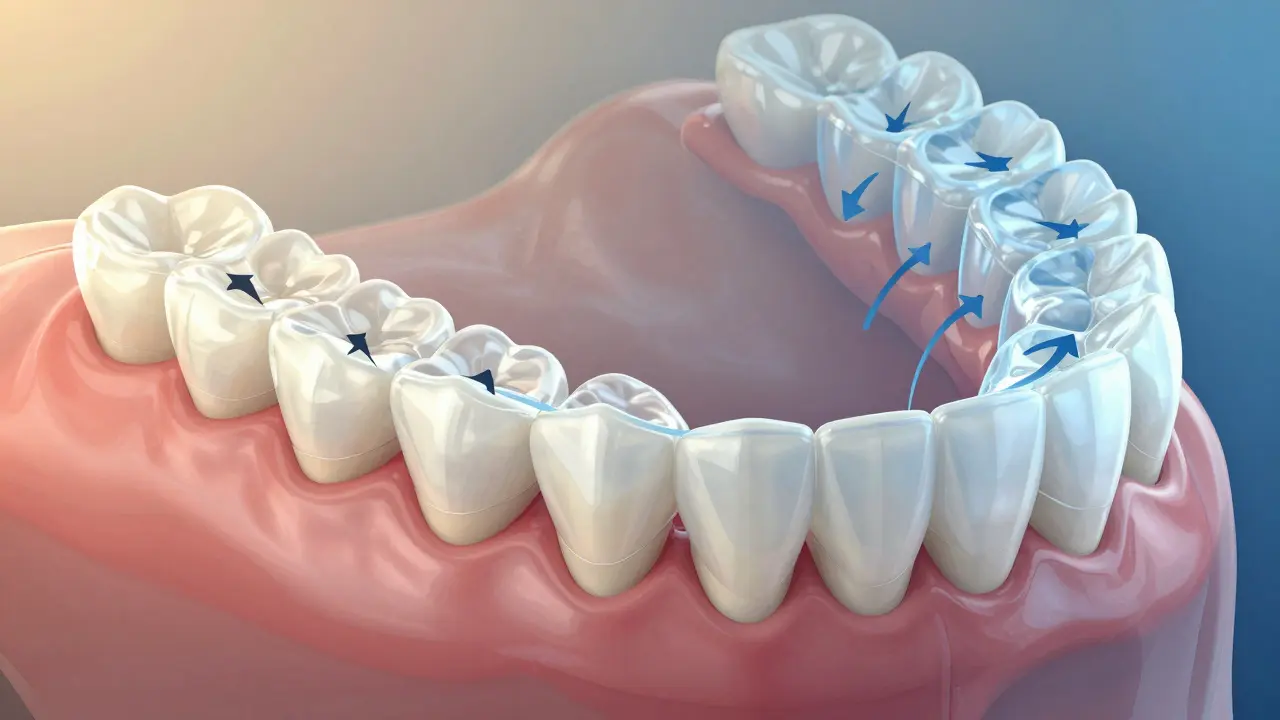 Křížový řez čelisti ukazující postupné zarovnání zubů pomocí průhledných rovnátek.