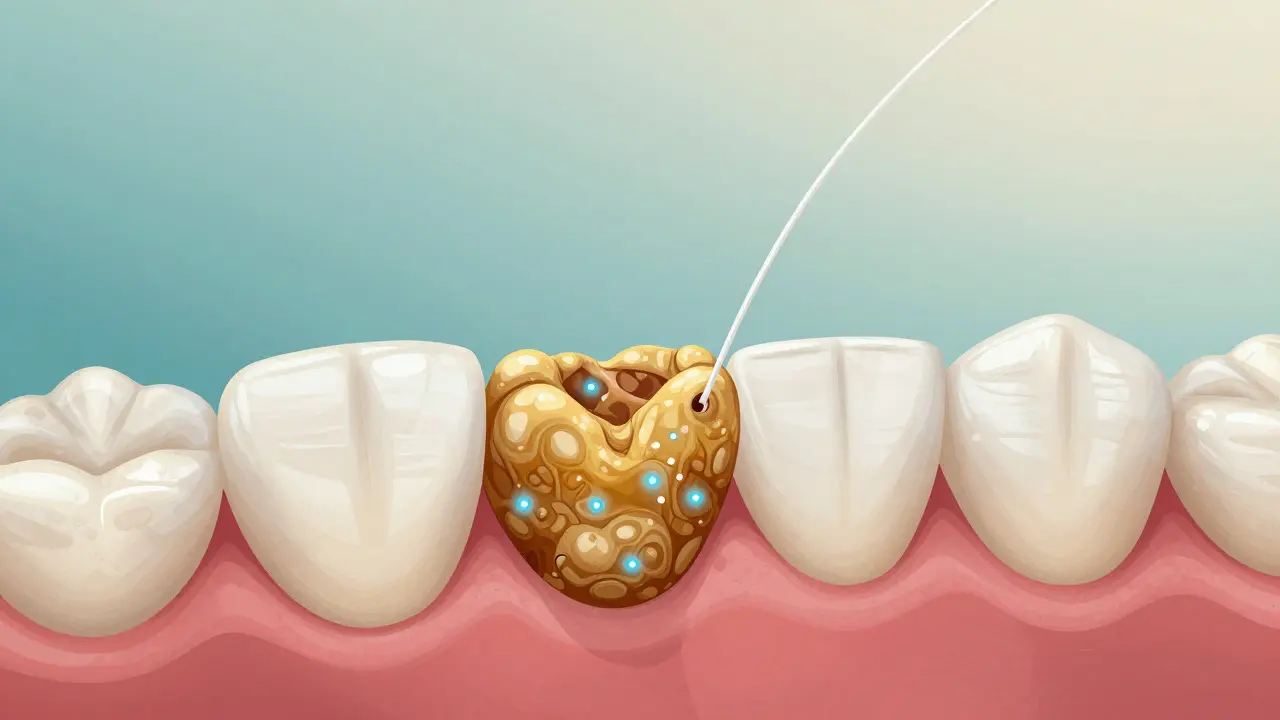 Mikroskopický pohled na odstranění plaku zubní nití a remineralizaci skloviny.
