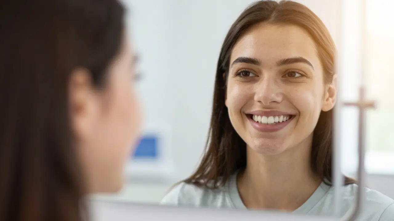 Muž se usmívá do zrcadla s přirozeně vyrovnanými zuby.