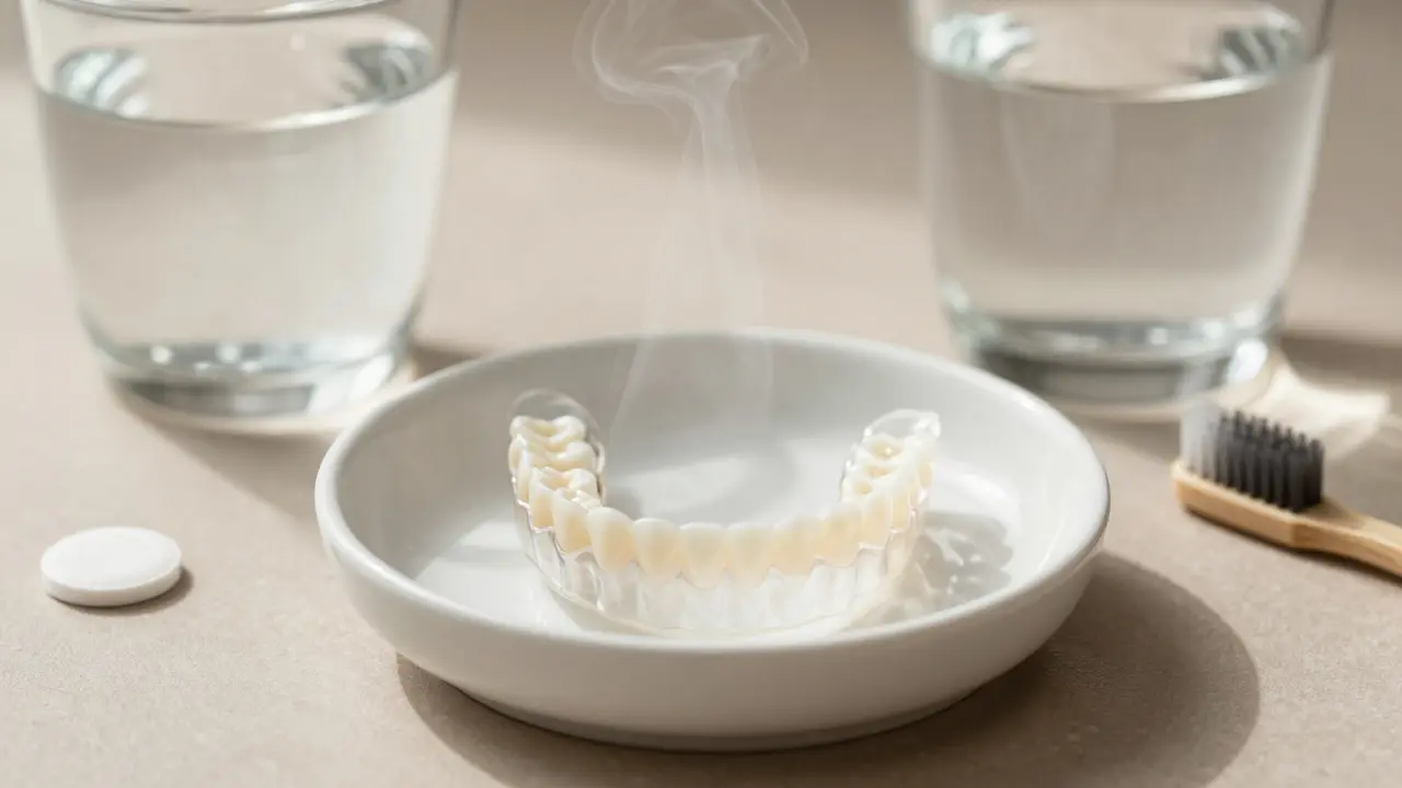 Nasazovací zuby na talířku s čisticí tabletou a vodou.