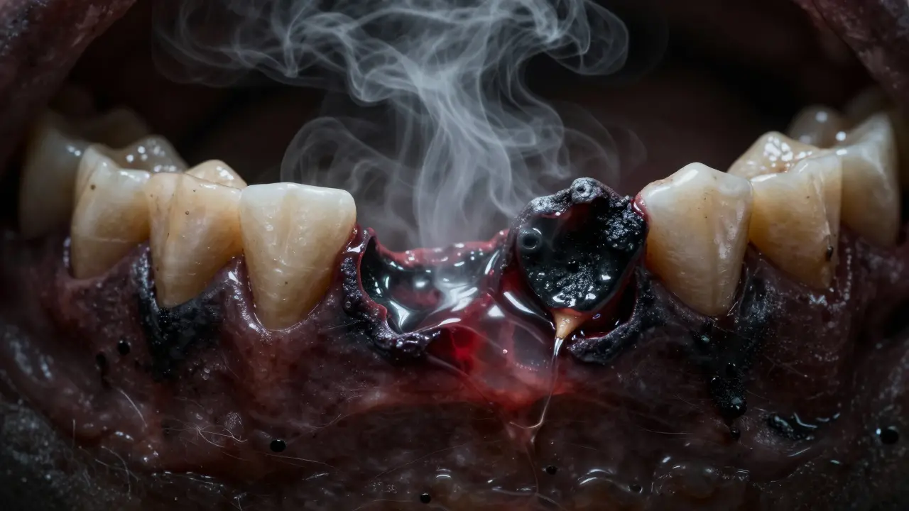 Nekrotizující zánět dásní s černými vředy a uvolněným zubem