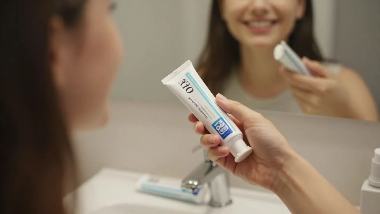 Osoba se smíchem v zrcadle s toothpaste s RDA 110, zuby přirozeně světlejší.