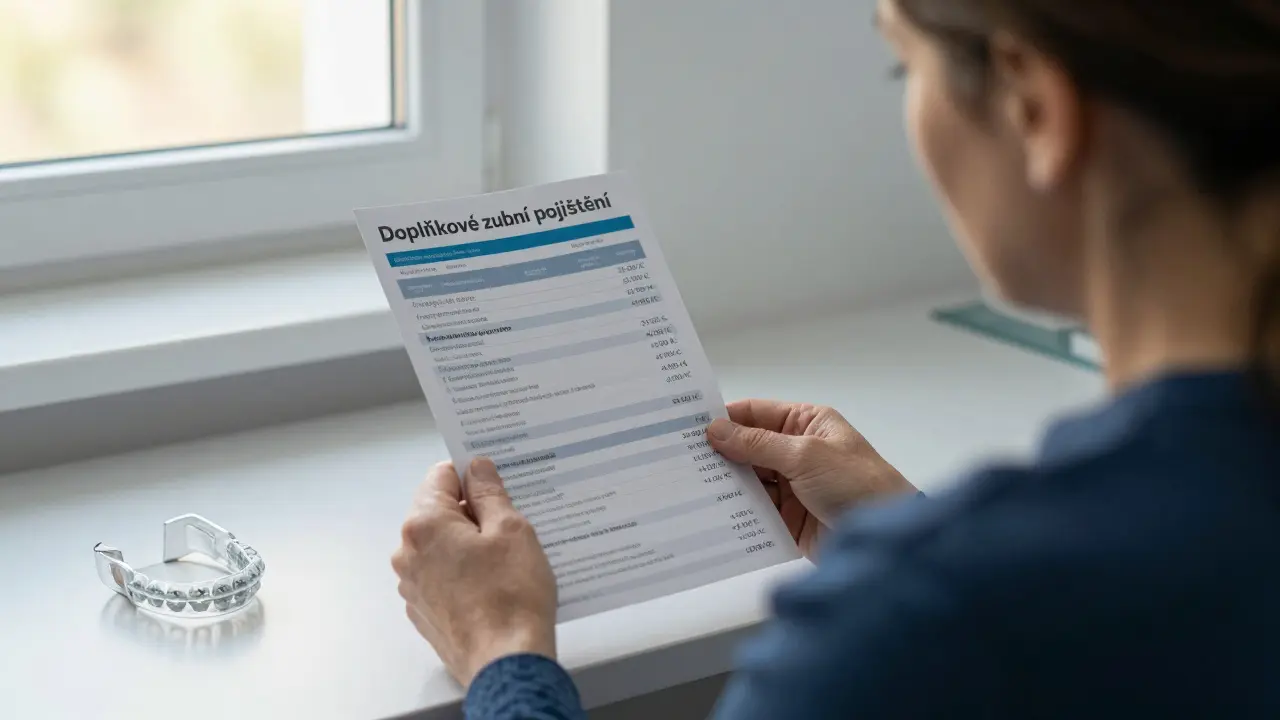Patient reviewing dental cost list in clinic with child's orthodontic device nearby.