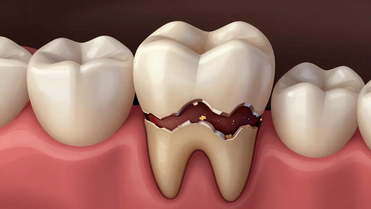 Pokročilý zubní káva s černou dírou a zánětem dásně.