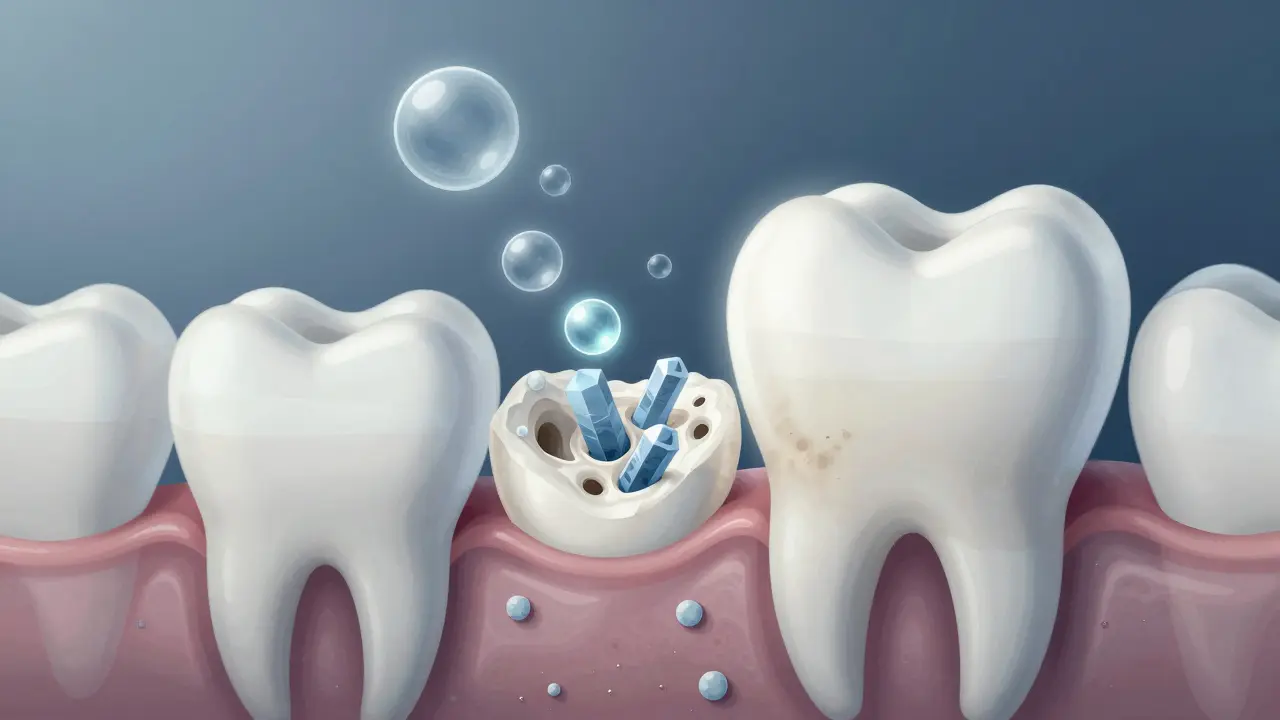 Příčný řez zubem s molekulami peroxidu rozkládajícími skvrny a hydroxyapatitem obnovujícím sklovitinu.