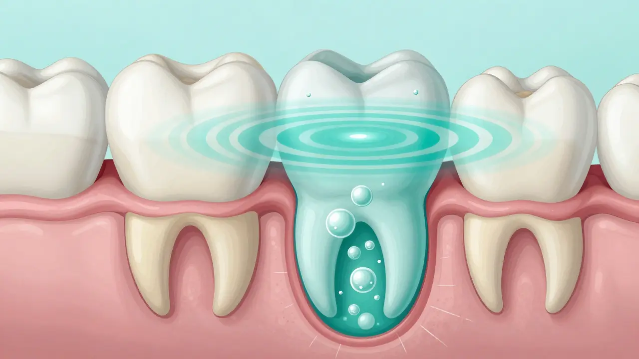 Průřez zubu a dásně ukazující ultrazvukové vlny a kavitační bublinky ničící bakteriální biofilm.