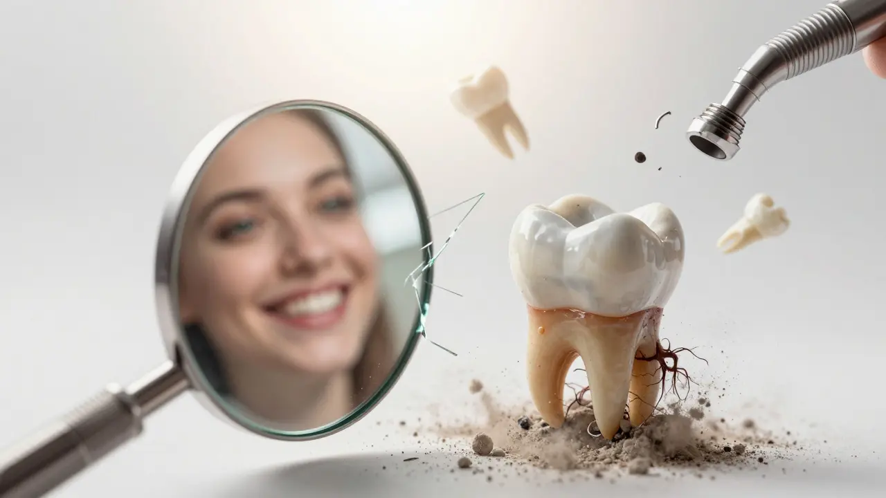 Rozdělený zrcadlový obraz: zdravý úsměv naproti rozpadajícímu se zubu.