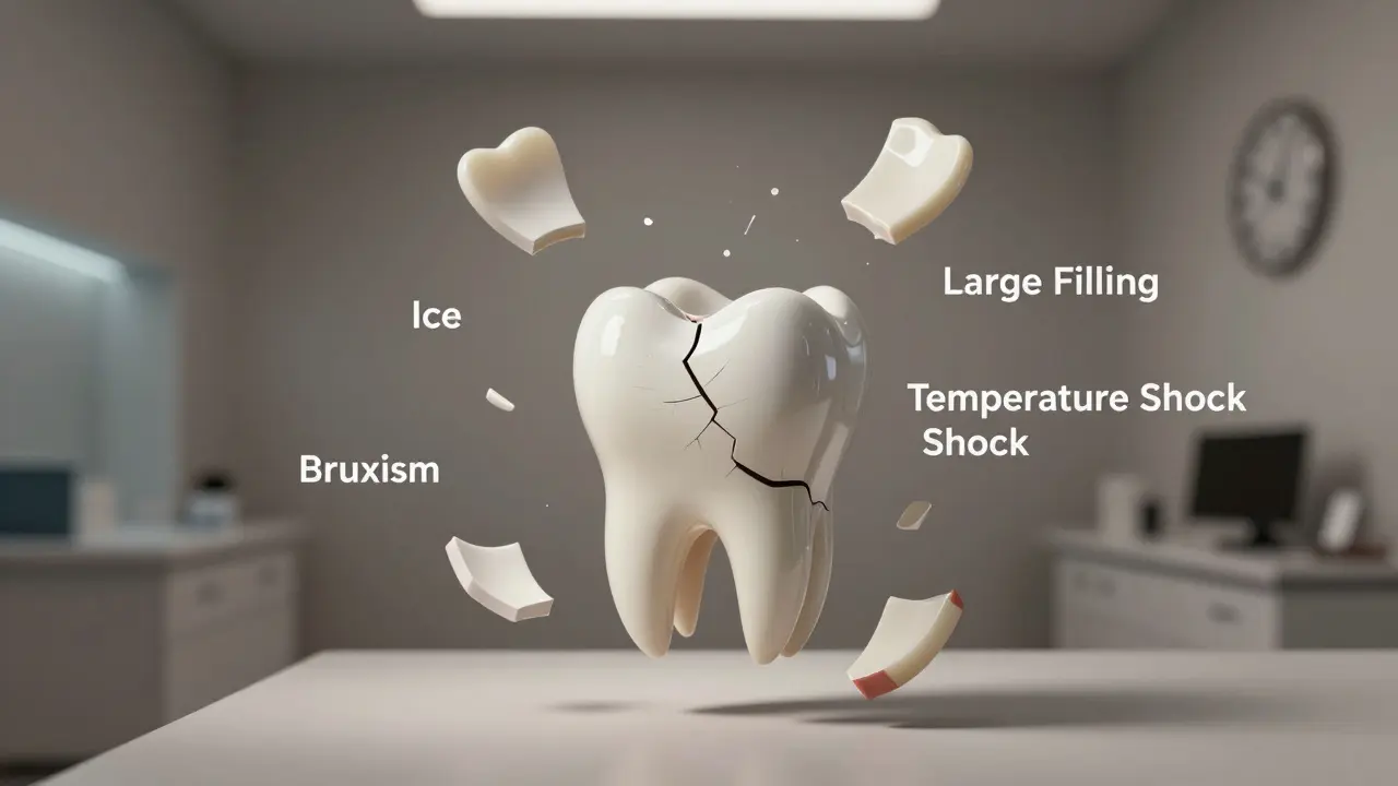 Rozdělený zub s prvkami příčin praskliny ve vzduchu.