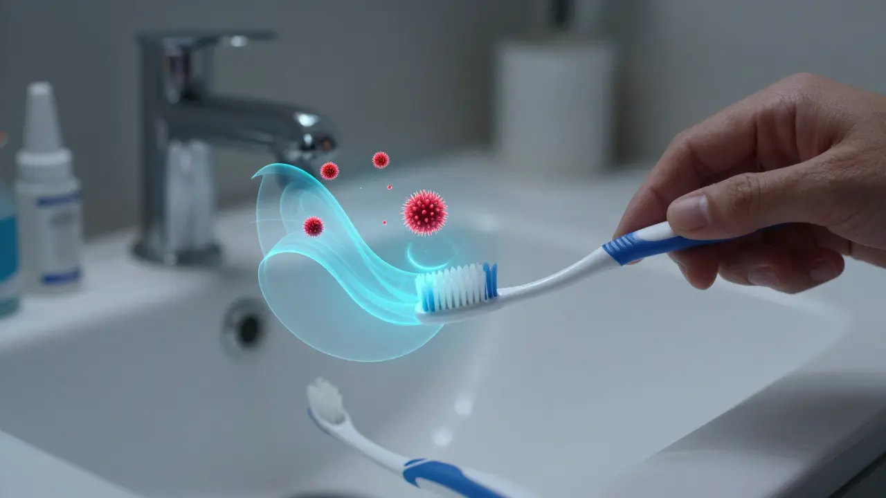 Ruka čistí implantát jemným štětečkem, symbolizující pravidelnou hygienu.