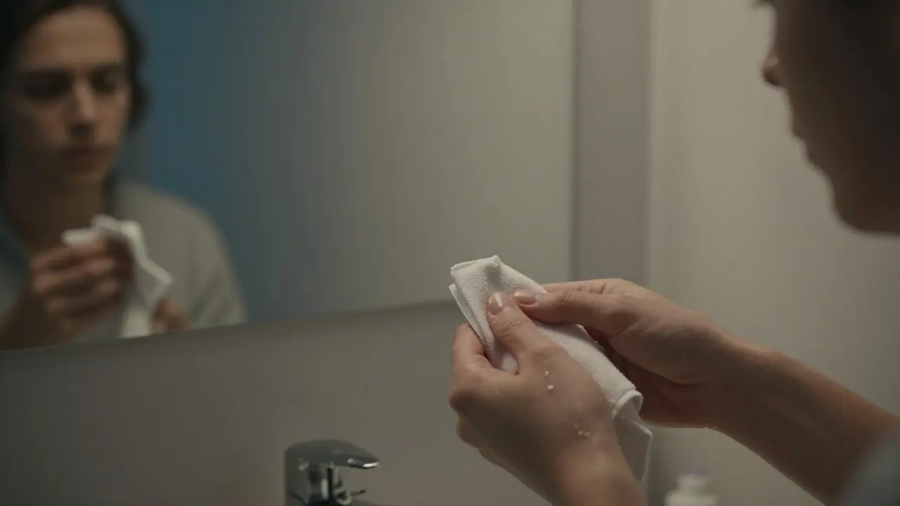 Ruka čistí zuby čistým kapesníkem jako nouzové řešení.