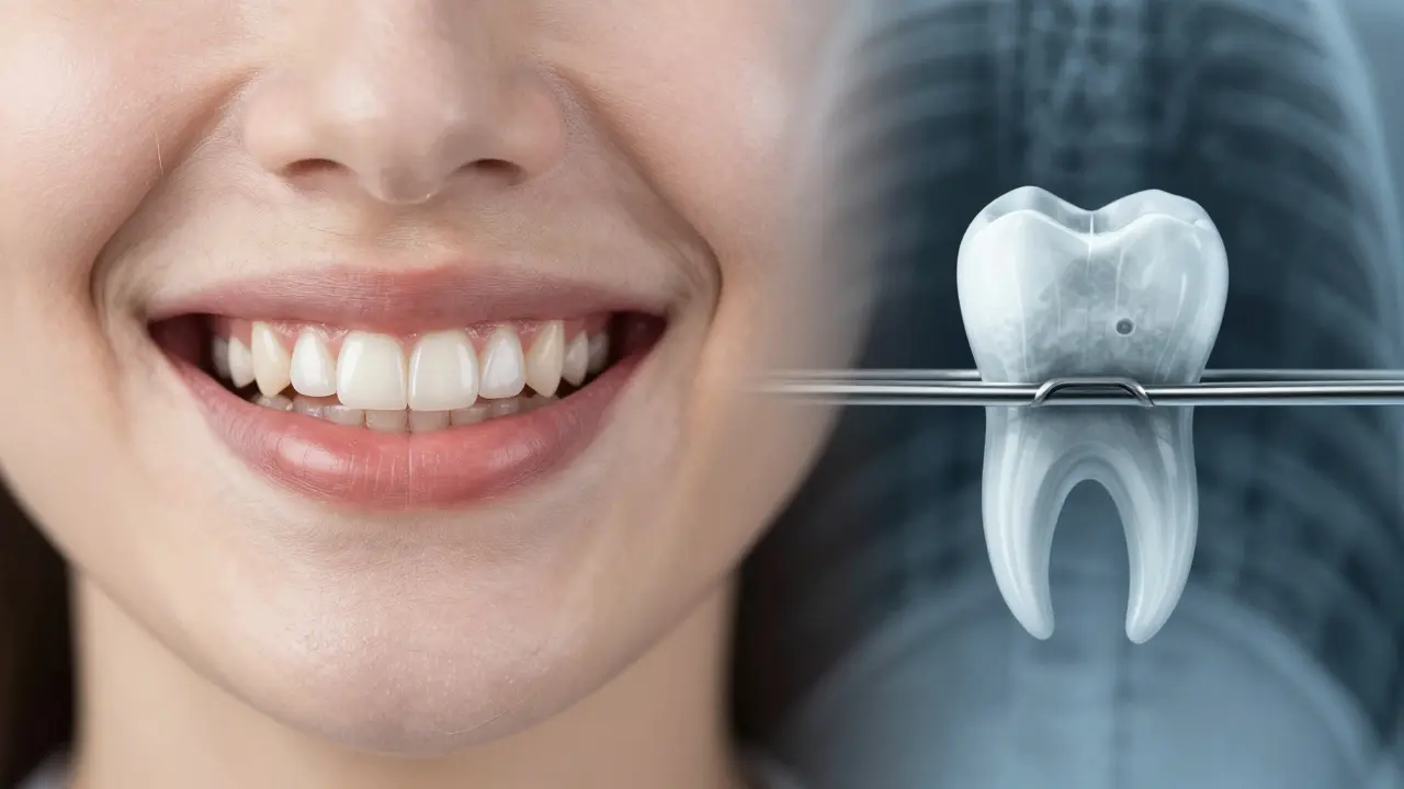 Side-by-side comparison of ceramic veneers and metal dental bridge.