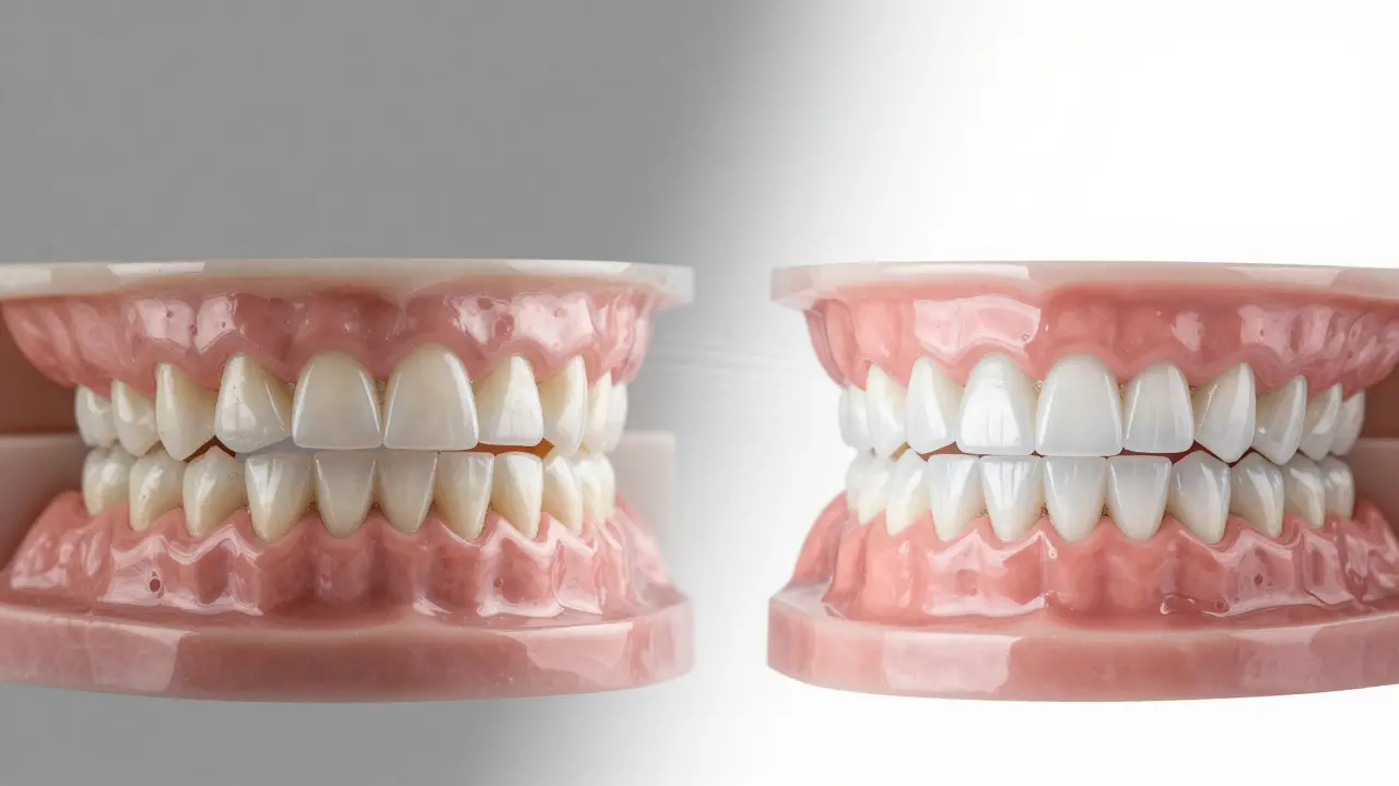 Side-by-side comparison of natural teeth and teeth with ceramic veneers.