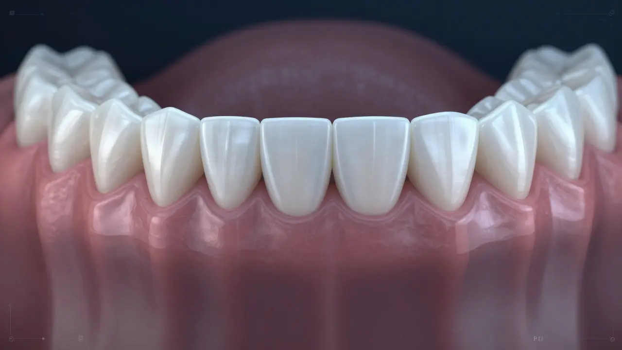 Transparent 3D overlay showing ceramic veneers bridging a gap between teeth in a smile.